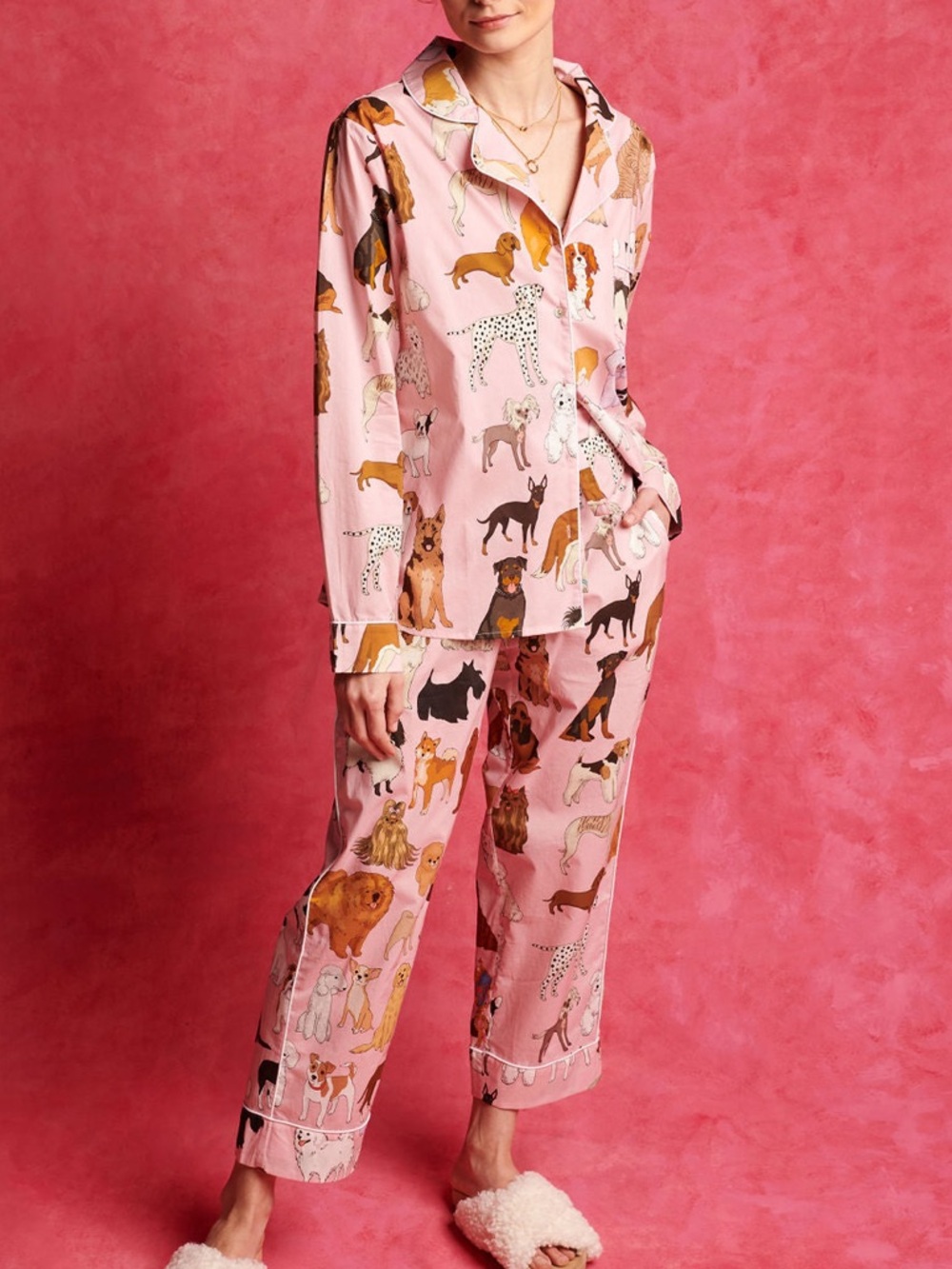 Karen Mabon Crufts Cotton Lawn Classic Pink Dog Print Pajama Set XS